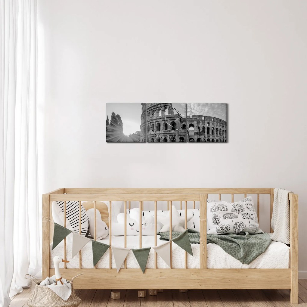 Tablou - Colosseum din Roma, alb-negru (cu ceas) (90x30 cm)