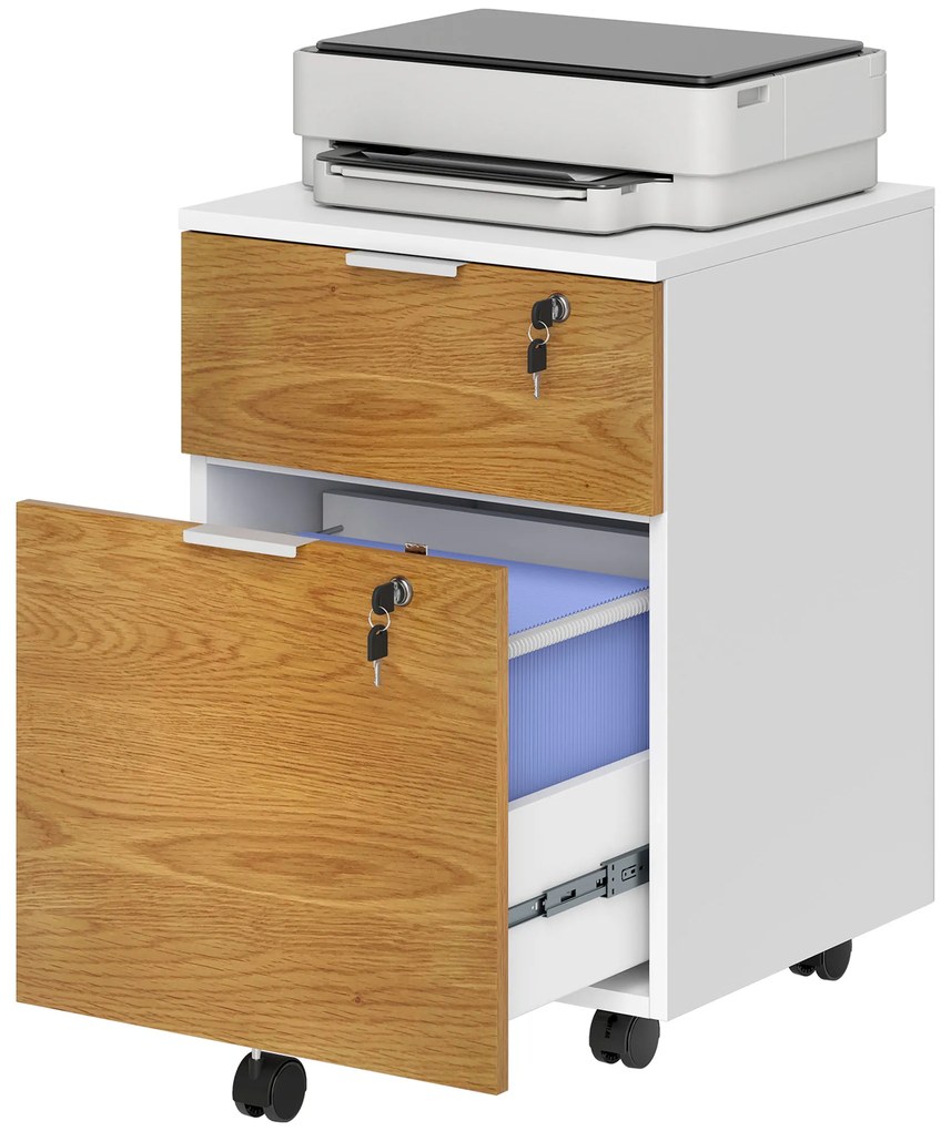 HOMCOM Cufăr de birou, mobilier de depozitare 2 sertare 2 bare pentru fișiere suspendate, cu cheie 2 chei 42x40x60 cm | Aosom Romania