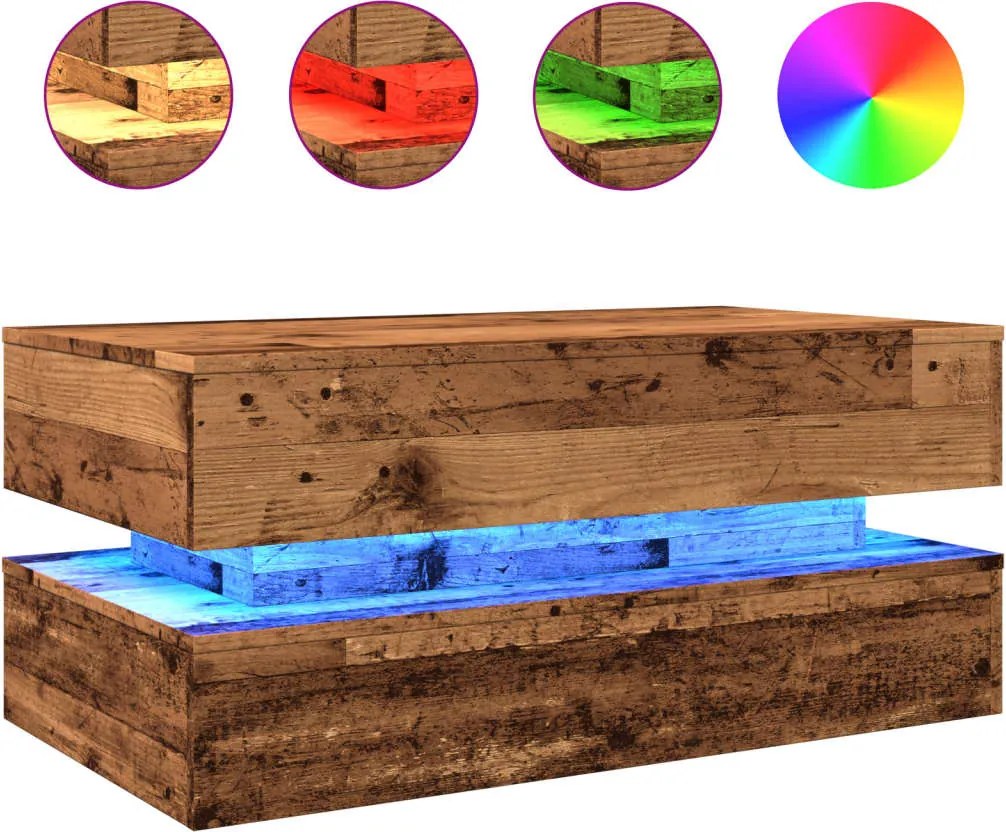 vidaXL Măsuță de cafea cu lumini LED, lemn vechi, 90x50x40 cm