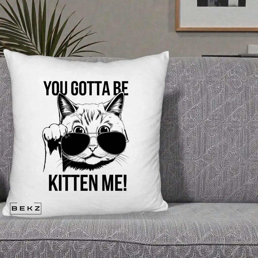Perna Decorativa You Gotta Be Kitten Me!, 40x40 cm, Alb Pufos, Husa Detasabila, Perna Inclusa, BEKZ®