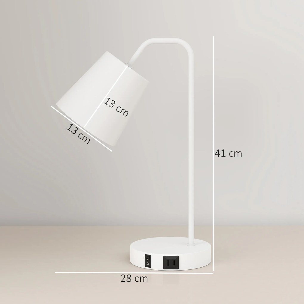 HOMCOM Set de 2 Veioze Moderne din Oțel cu Porturi USB, Soclu E27, Bec Neinclus, Alb | Aosom Romania