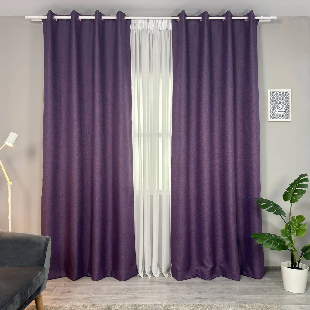 Set două Draperii (Blackout), din Stofă premium (Tip in), Gata lucrate (Inele galerie), Culoare Mov (Model texturat), Dimensiuni draperie 160x260 cm (x2), Brand Originalio