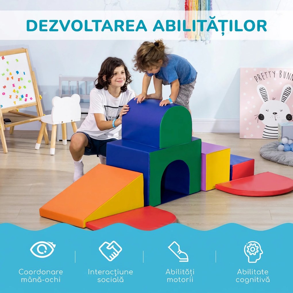 HOMCOM Set de Joc pentru Copii 1-3 Ani cu 7 Blocuri Multicolor în PU și EPE, 170x130x40 cm | Aosom Romania