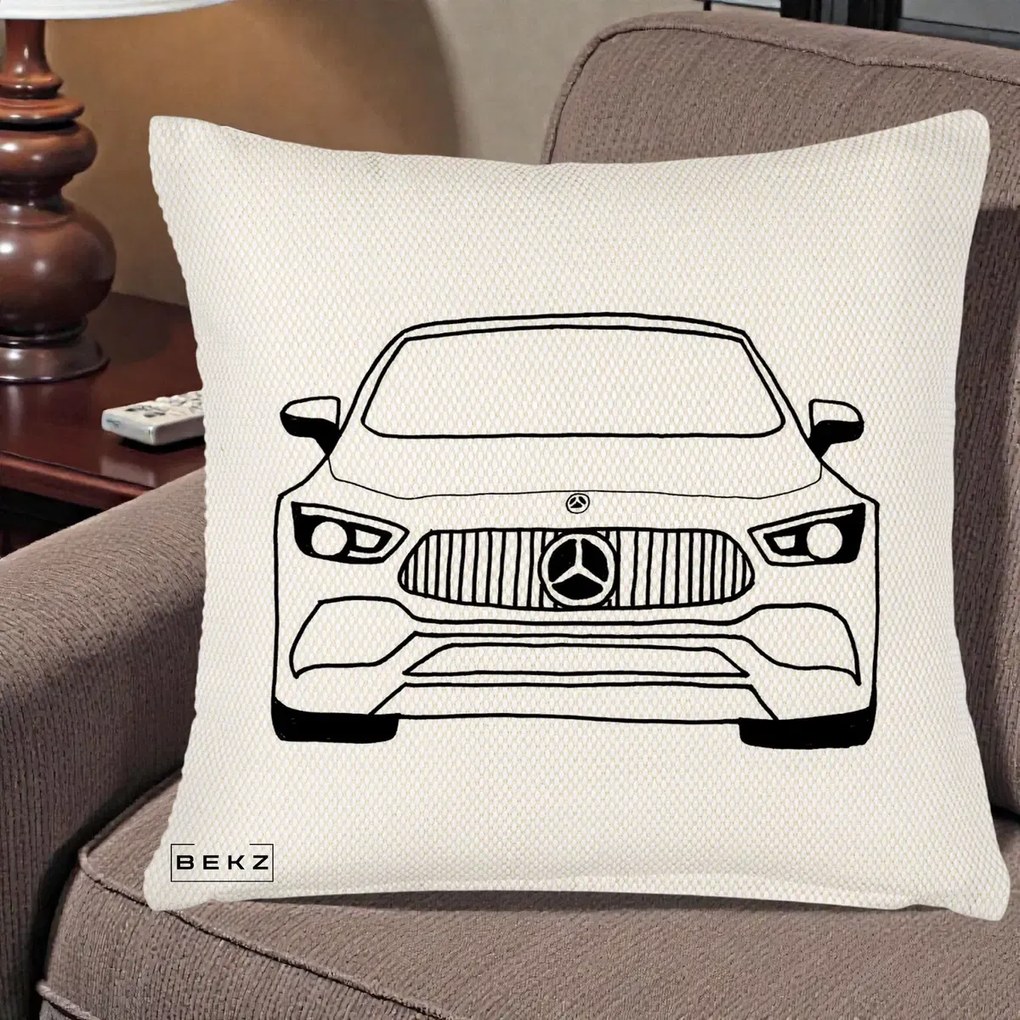 Perna Personalizata Mercedes-Benz Fata Linie, 40x40 cm, Crem Reliefat, Husa Detasabila, Perna Inclusa, BEKZ®