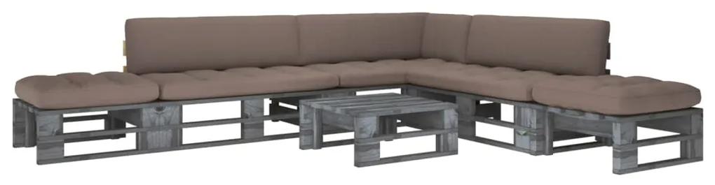 Set mobilier paleti cu perne, 6 buc., lemn pin gri tratat Gri taupe, colt + 2x mijloc + 2x suport pentru picioare + masa, Gri, 1
