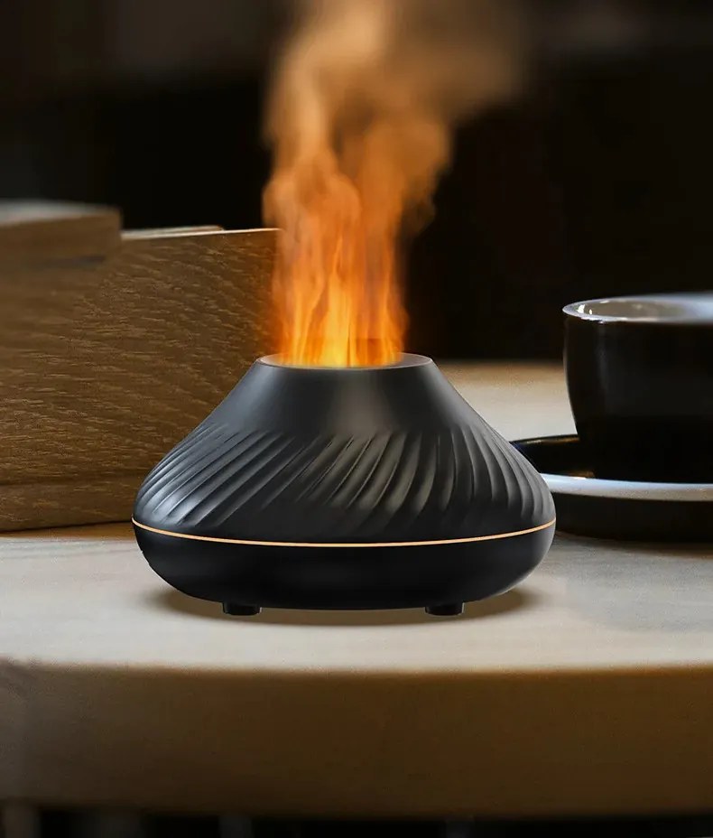 Umidificator cu difuzor de aroma cu flacara falsa 3D lumina de noapte cu 7 culori, difuzor de uleiuri esentiale si ceata rece cu ultrasunete, negru, 130 ml