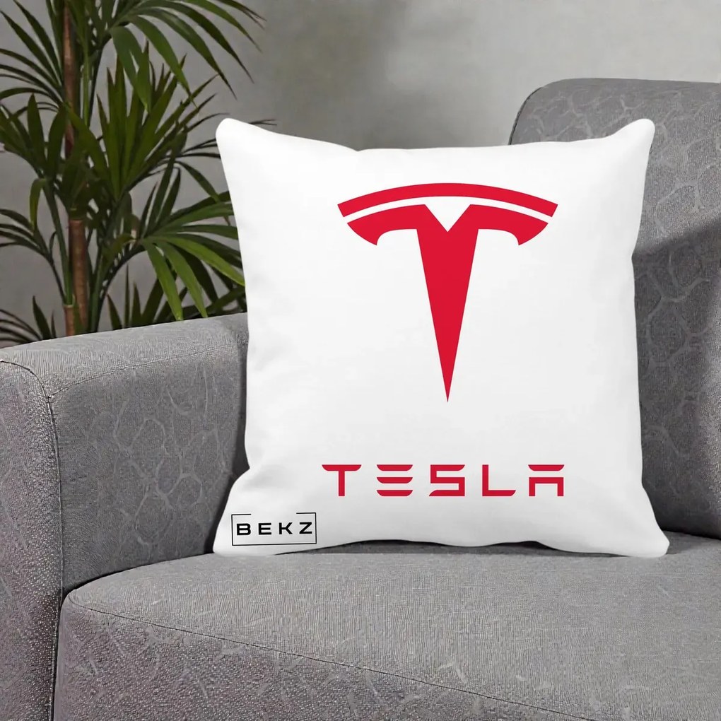Perna Personalizata cu emblema Tesla, 40x40 cm, Alba Mata, Husa Detasabila, Perna Inclusa, BEKZ®