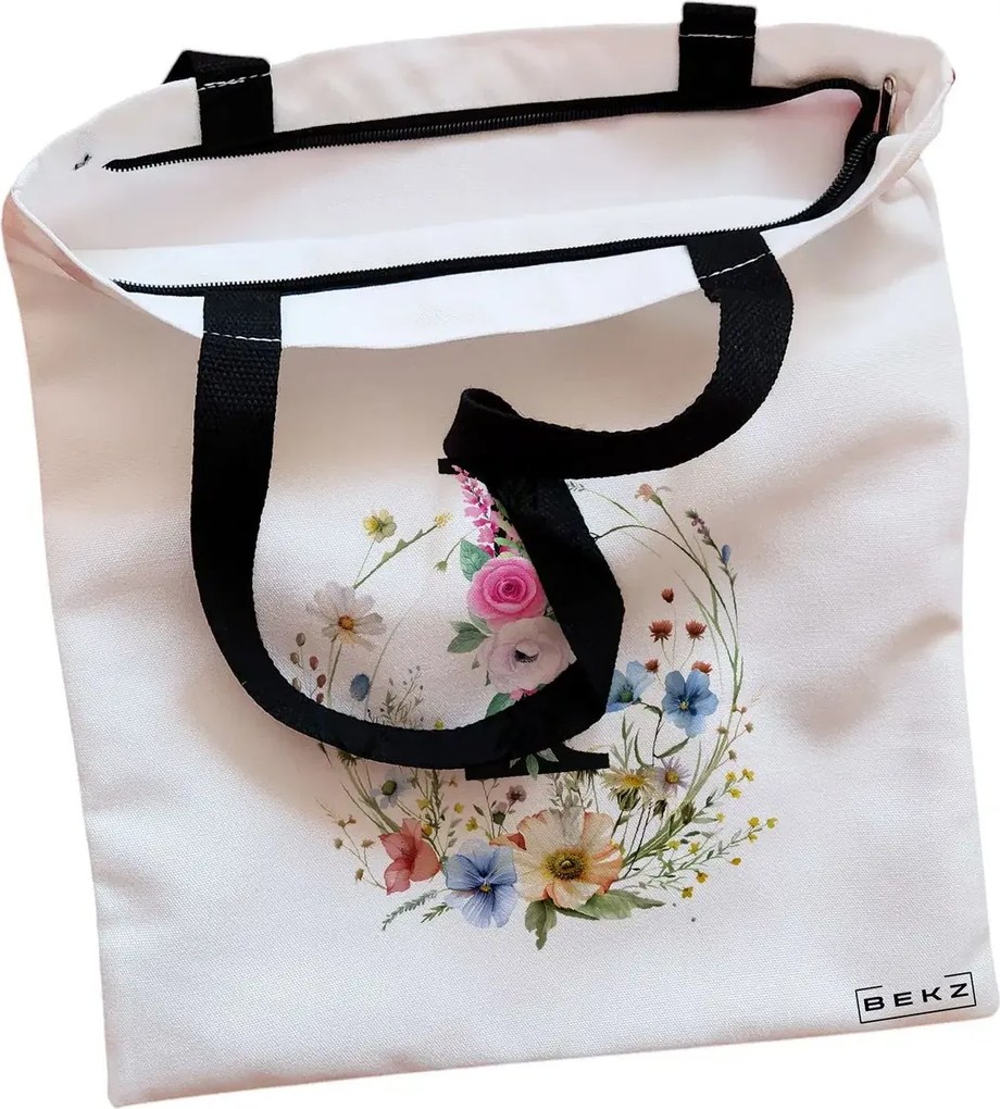 Sacosa de Panza pentru Cumparaturi, Geanta Tote, Cu litera I in Coronita Florala, Cu fermoar, 38x34.5 cm, Alba, BEKZ®