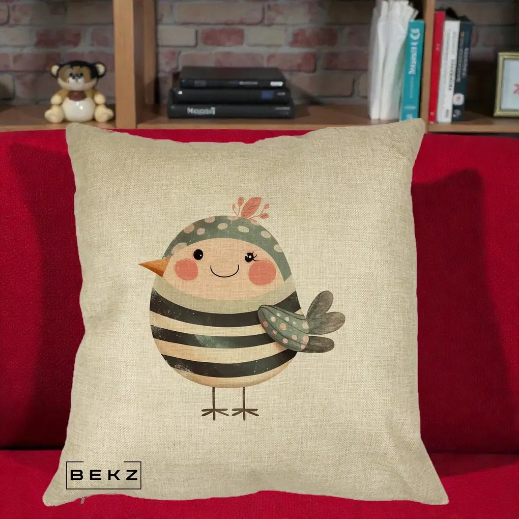 Perna Decorativa Pui Kawaii Teal cu Flori, 40x40 cm, Crem, Husa Detasabila, Perna Inclusa, BEKZ®