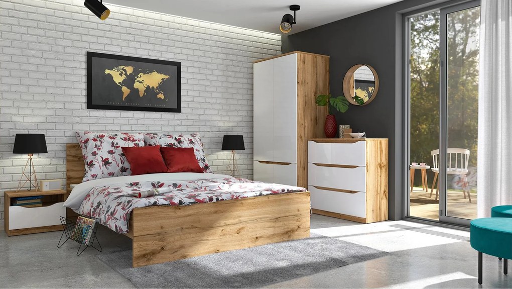 Set dormitor NUIS, stejar wotan/alb lucios, pat 160x200, dulap cu 4 us