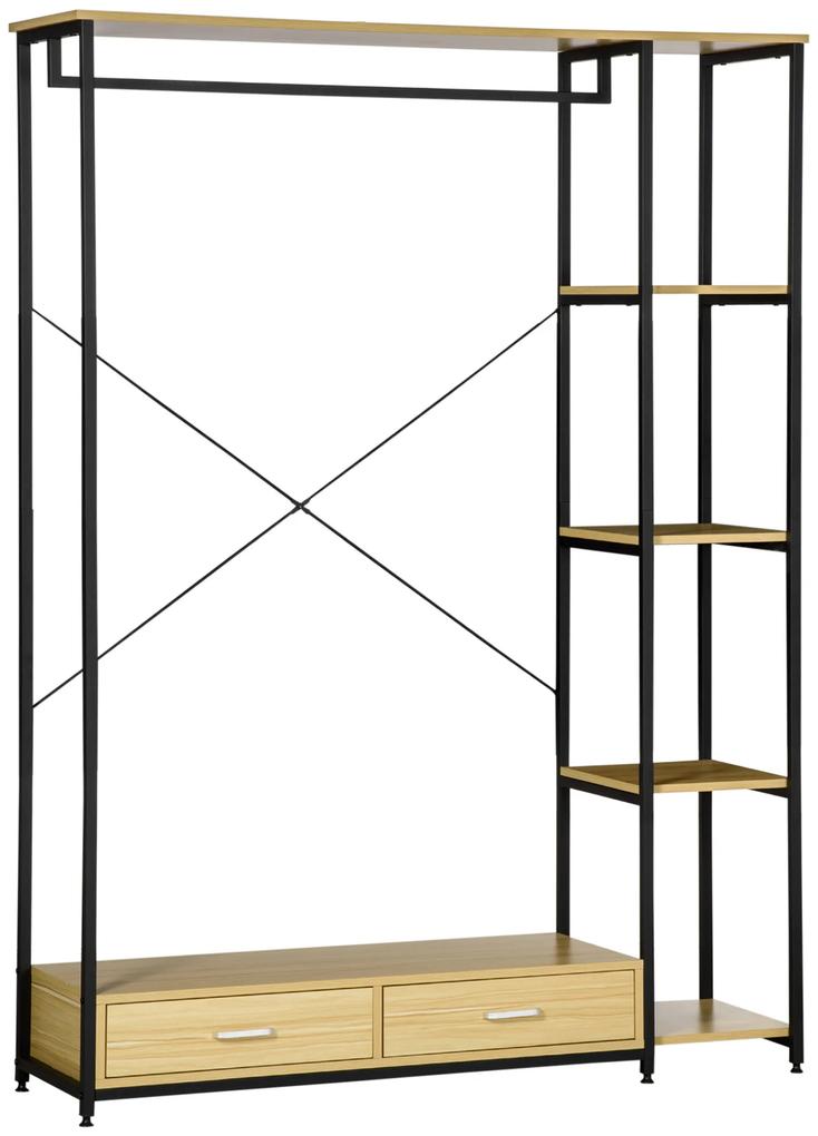 HOMCOM Raft pentru haine in stil industrial cu 2 sertare si 4 rafturi deschise furnizat, din otel si PAL, 130x40x180cm, lemn si culoare neagra