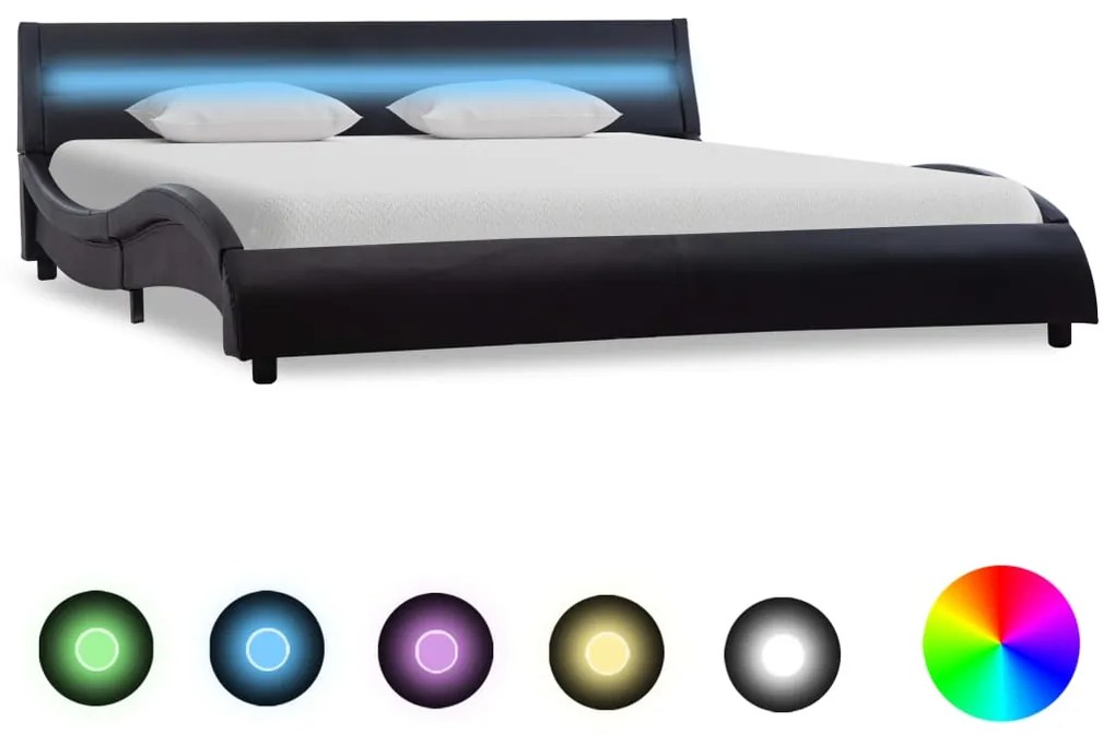 Pat cu LED, negru, 140 x 200 cm, piele ecologica