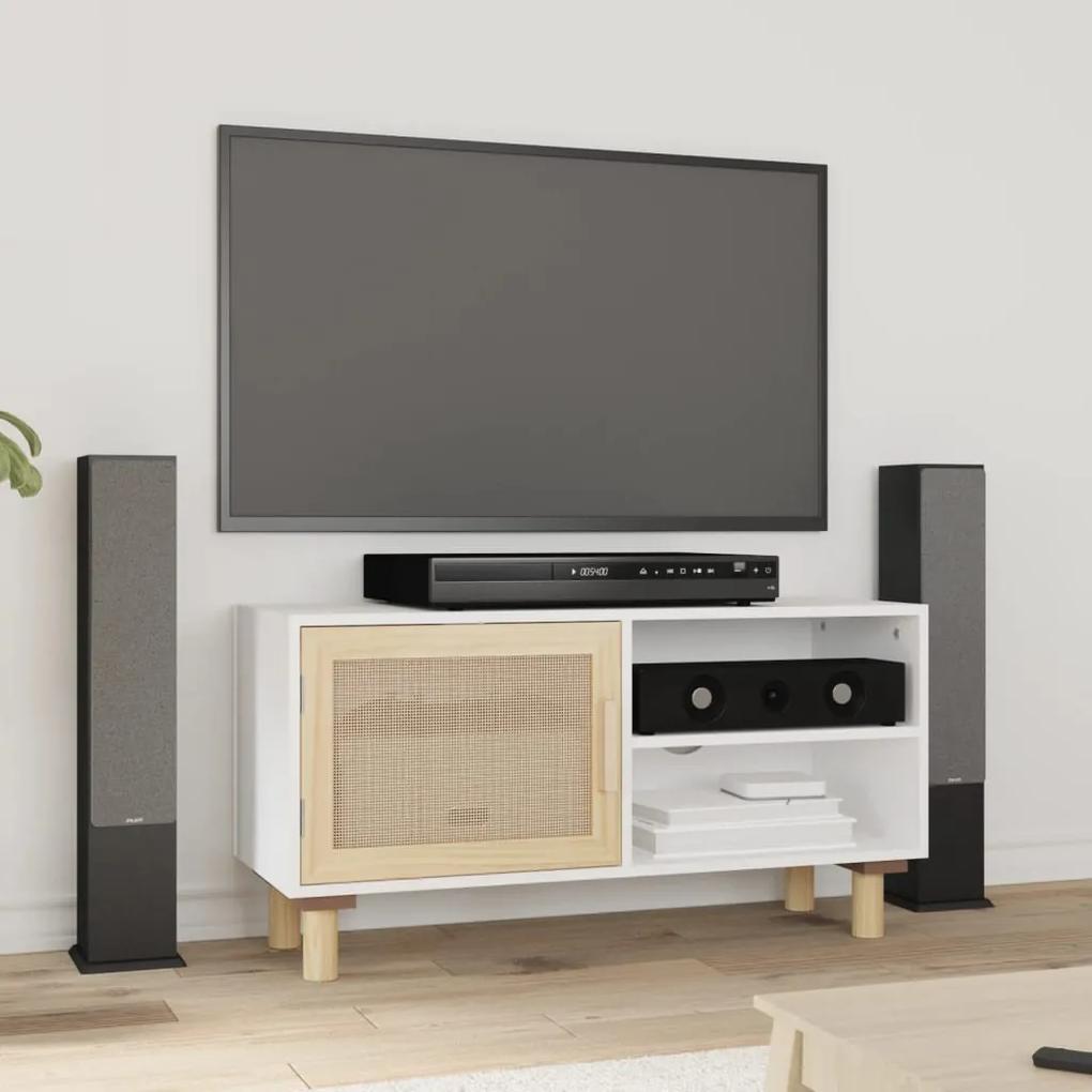 Comoda TV, alb, 80x30x40 cm, lemn masiv pin si ratan natural