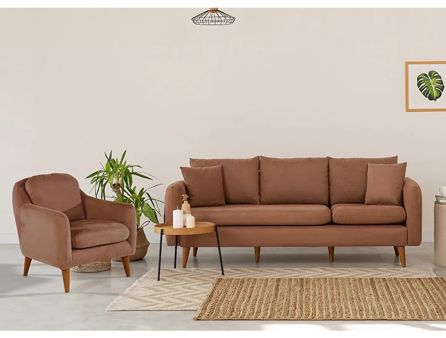 Set Canapea si Fotoliu, Lemn Solid, Sofia, 2 Piese, Maro