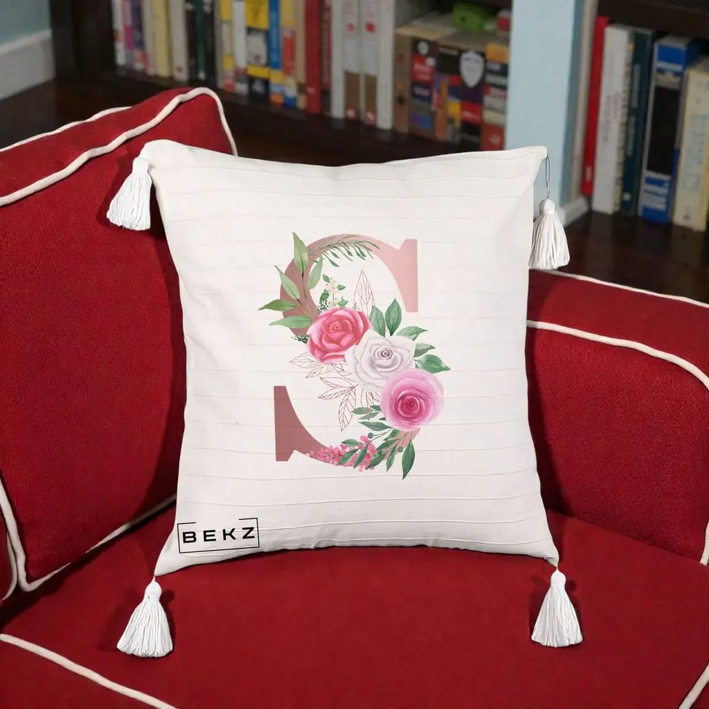 Cadou Personalizat - Perna Personalizata Monograma Rose Gold Litera S, 40x40 cm, Bej cu Franjuri, Husa Detasabila, Perna Inclusa, BEKZ®
