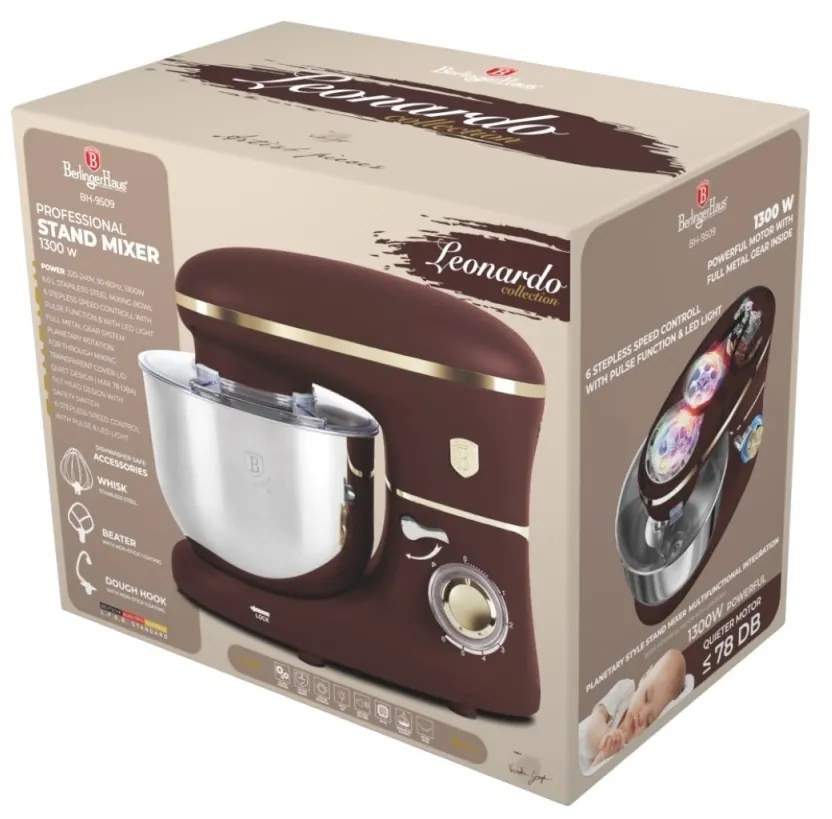Robot de Bucătărie Berlinger Haus BH 9509 Leonardo – 1300W, 6L, Bol Inox, 6 viteze, Bordeaux, Silențios