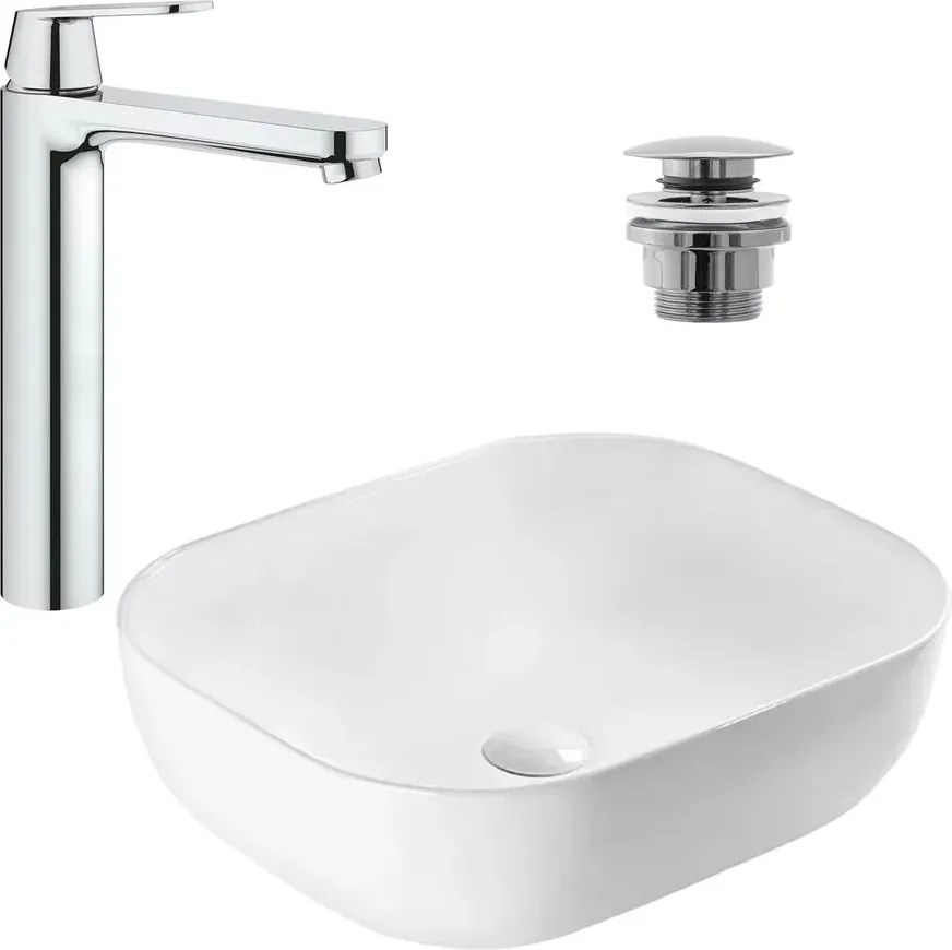 Pachet lavoar pe blat Rea Belinda Slim alb 46.5 cm, baterie lavoar Grohe Eurosmart Cosmopolitan XL crom si ventil lavoar Click-Clack crom