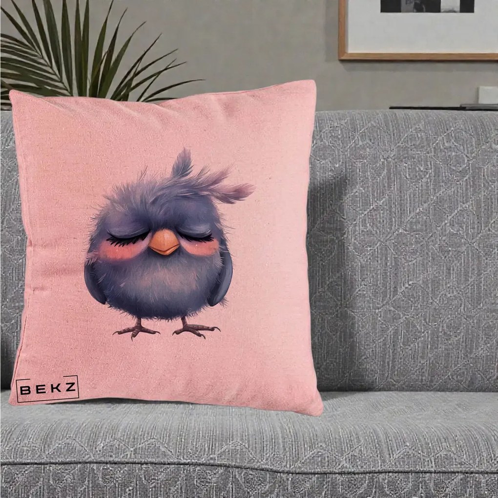 Perna Decorativa Pui Adormit Albastru, 40x40 cm, Roz, Husa Detasabila, Perna Inclusa, BEKZ®