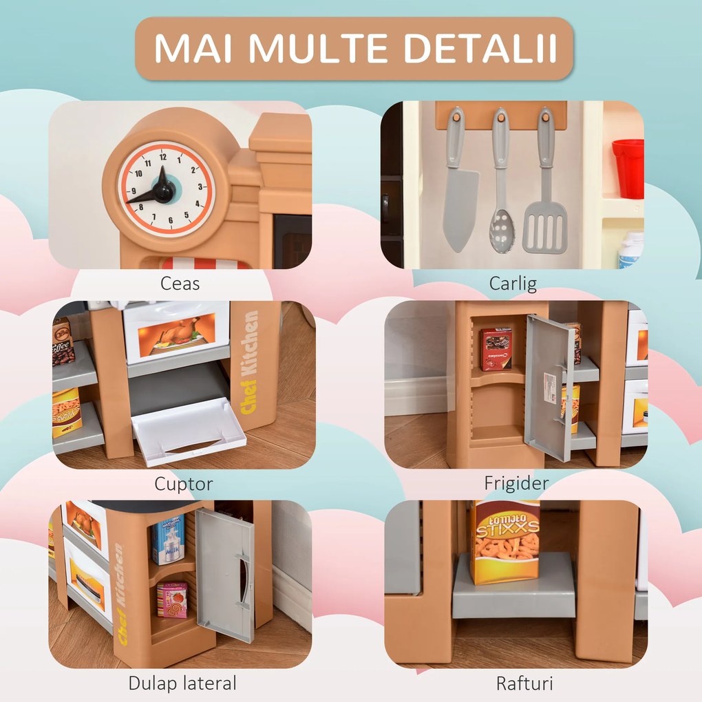 HOMCOM Bucatarie pentru Copii 3-6 Ani cu 58 Accesorii, Aragaz cu Sunete si Chiuveta Functionala, 63x35x84, Gri Maro