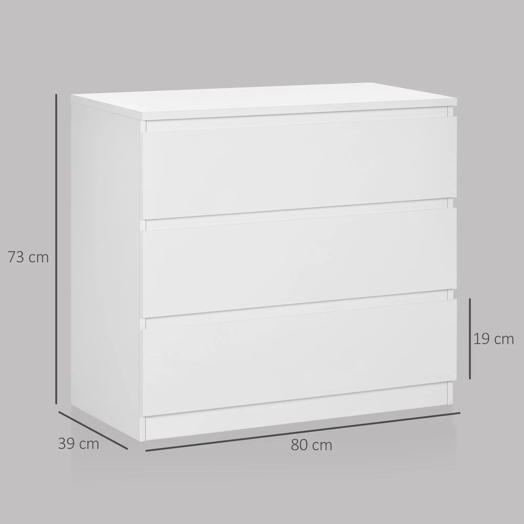 HOMCOM Comodă cu 3 Sertare Modernă fără Mânere pentru Dormitor și Sufragerie, 80x39x73 cm, Alb | Aosom Romania