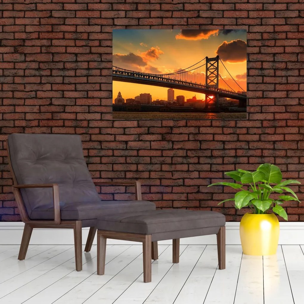 Tablou - Apus de soare peste Podul Ben Franklin, Philadelphia (90x60 cm)