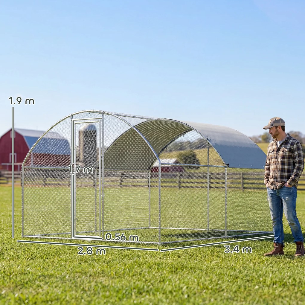 PawHut Țarc pentru Găini de Exterior, 2.8x3.4x1.9m, 9.5㎡ Țarc Metalic din Oțel Galvanizat cu Acoperiș Impermeabil Anti-UV și Încuietoare, Coteț pentru 10-16 Găini, Iepuri și Rațe | Aosom Romania