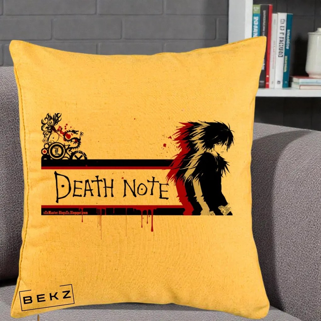 Perna Personalizata Death Note L Lawliet Rosu-Negru, 40x40 cm, Galben, Husa Detasabila, Perna Inclusa, BEKZ®