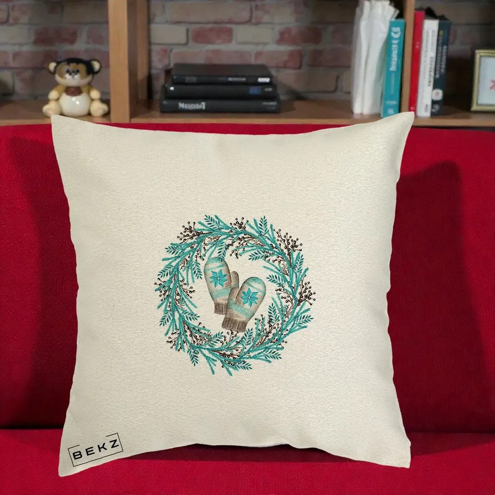 Perna Decorativa Coroana Turcoaz cu Manusi, 40x40 cm, Ecru, Husa Detasabila, Perna Inclusa, BEKZ®