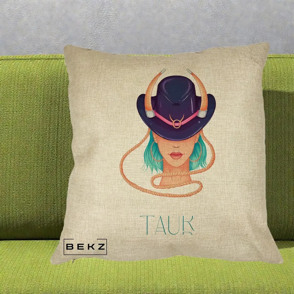 Perna Personalizata Zodie Taur, 40x40 cm, Crem, Husa Detasabila, Perna Inclusa, BEKZ®