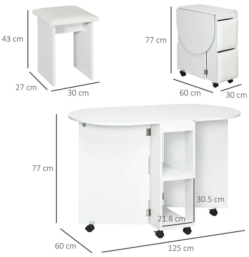 Set de masa pliabil pentru 4 persoane, cu 5 piese, scaune de sufragerie tapitate, cu rafturi de depozitare si 6 roti, alb HOMCOM | Aosom Romania