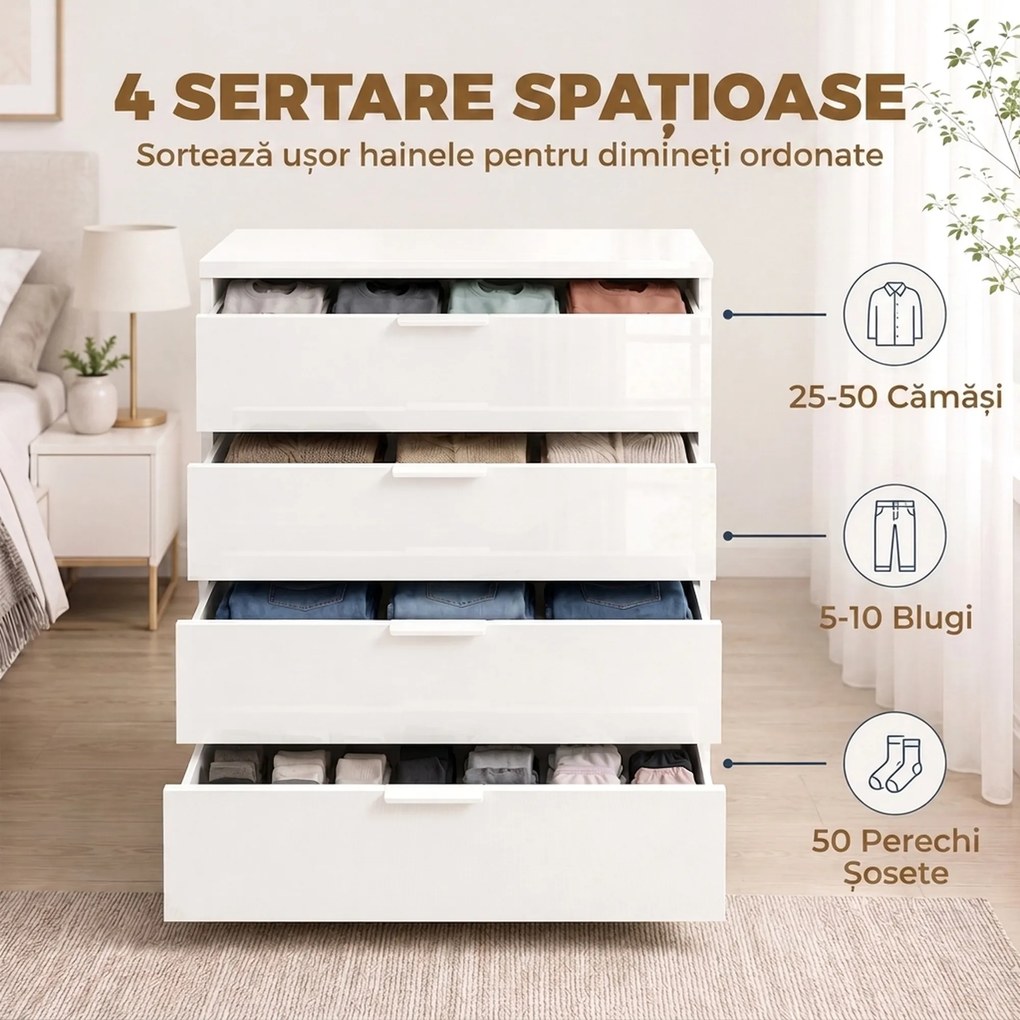 HOMCOM Comodă Alb Lucios cu 4 Sertare și șine Glisante | Aosom Romania