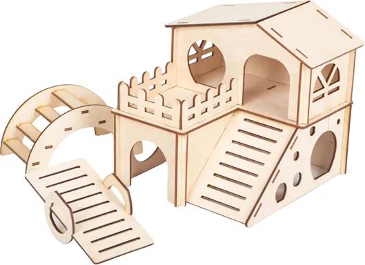 Cusca tip Casuta Loc de Joaca din Lemn pentru Hamster, cu 2 etaje, Scara si Balansoar, 19x18.5x17.5 cm, Natur