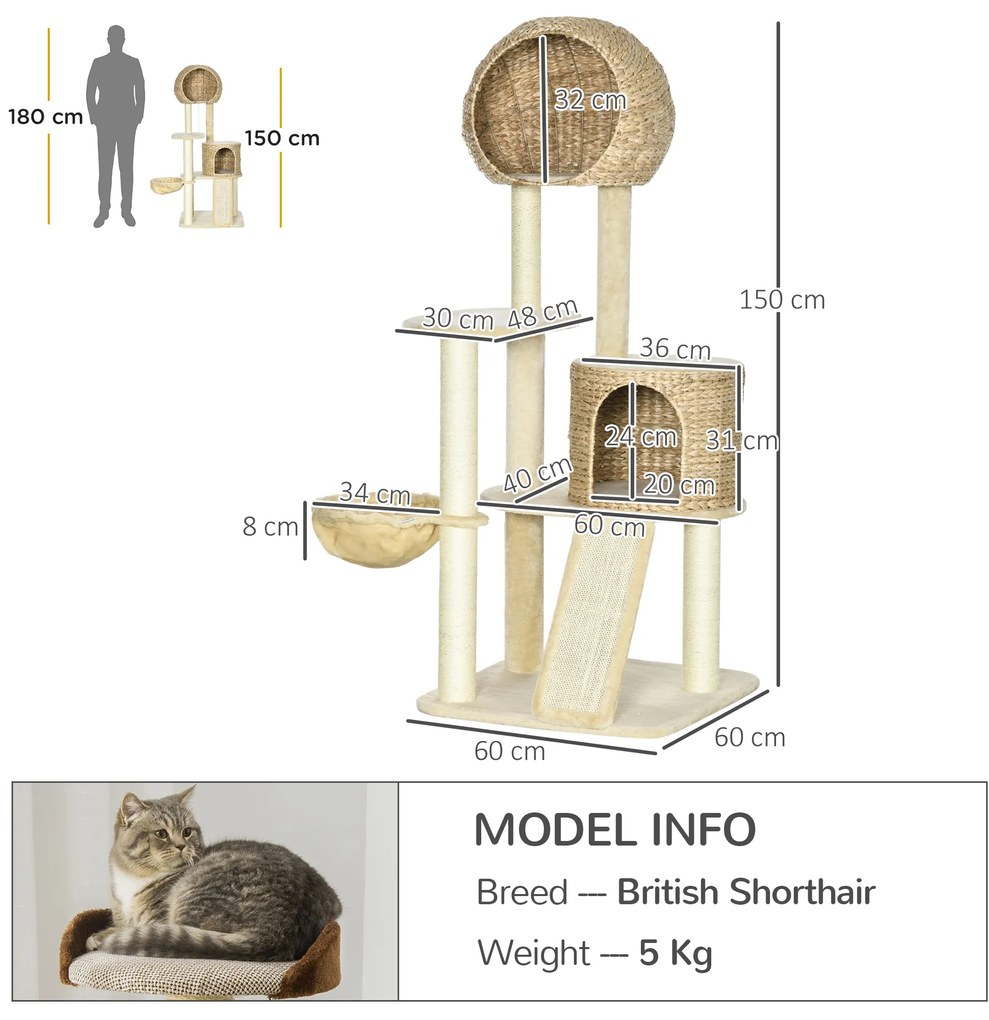 PawHut Arbore de cățărat pentru pisici cu sisal natural, 2 cuiburi, platformă, hamac, pluș, plăci de apă - 60 x 60 x 150 cm, bej | Aosom Romania