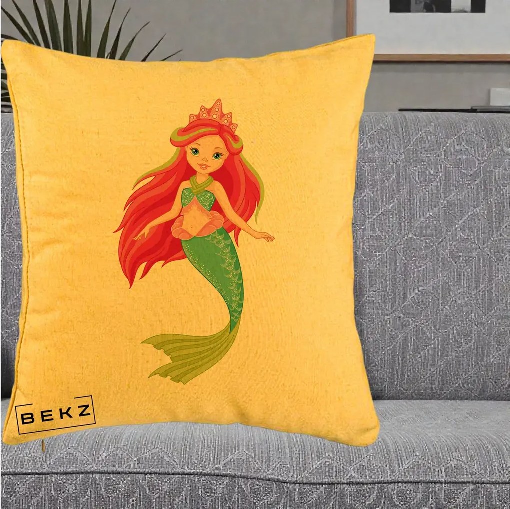 Perna Decorativa Sirena Roz cu Coroana, 40x40 cm, Galben, Husa Detasabila, Perna Inclusa, BEKZ®