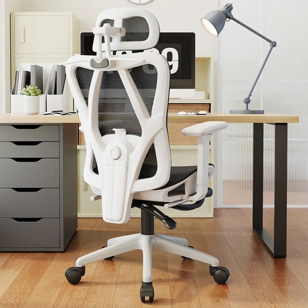 Scaun ergonomic cu suport lombar 4D, tetieră reglabilă 4D, cotiere 3D, pivotant 360°, suport pentru picioare, Mesh, Alb/Negru