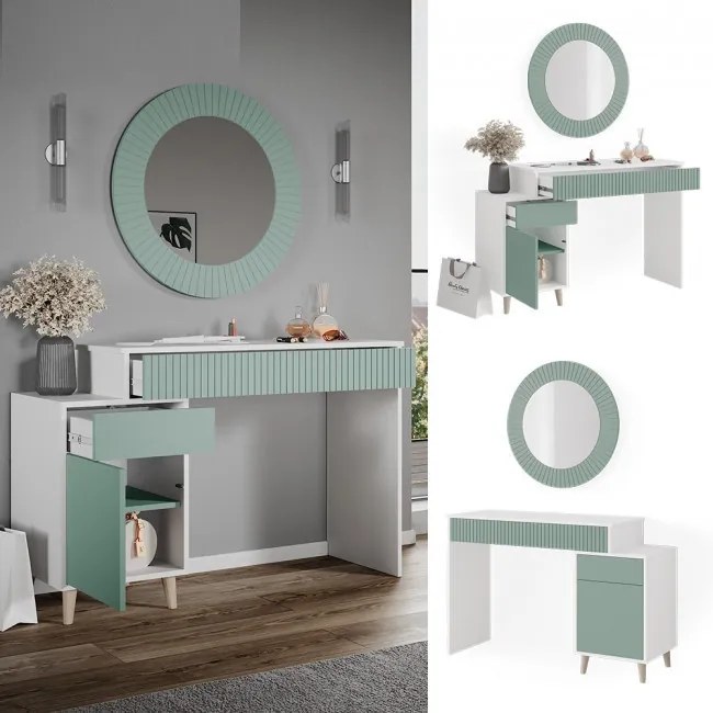 SEV201 - Set Masa alba toaleta 120 cm cosmetica machiaj, oglinda, masuta vanity, Alb-Verde