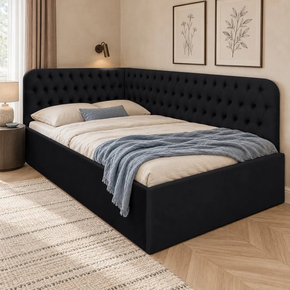 Pat tapițat pentru copii din catifea Elyra 120×200 cm, negru, colț dreapta, cu ladă de depozitare