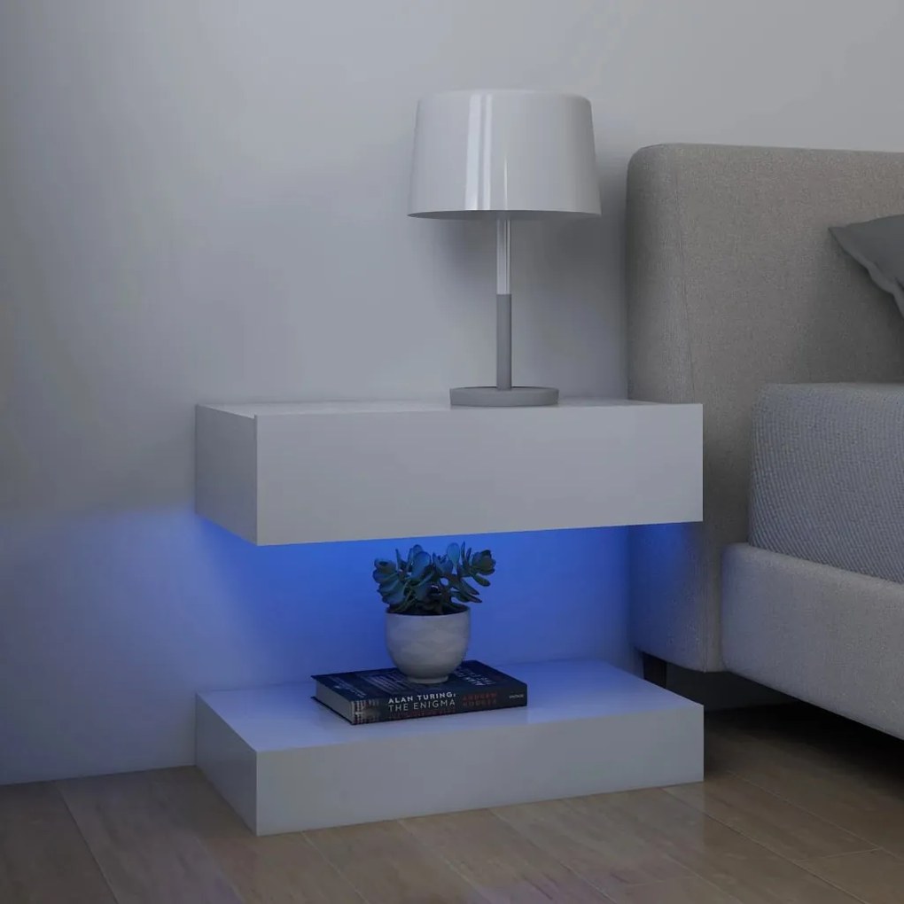 3079680 vidaXL Noptiere cu LED, 2 buc., alb, 60x35 cm, lemn prelucrat
