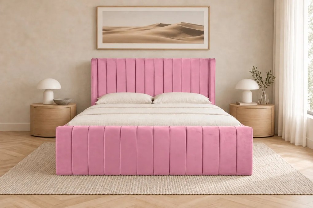 Pat tapițat din catifea Aurelia Simple 120×200 cm, roz, cu ladă de depozitare