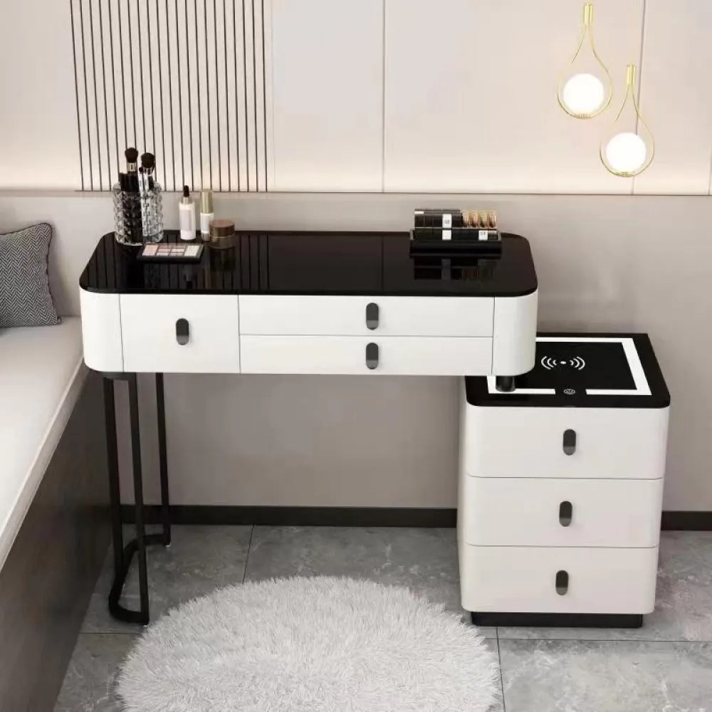 Set MARGOT LONG – Masă de Toaletă pentru Machiaj, Oglindă iluminată LED, Control Touch, 6 sertare, Comoda, Scaun, Difuzor Bluetooth, Zona încărcare fără fir, Alb, 100x40x75 cm