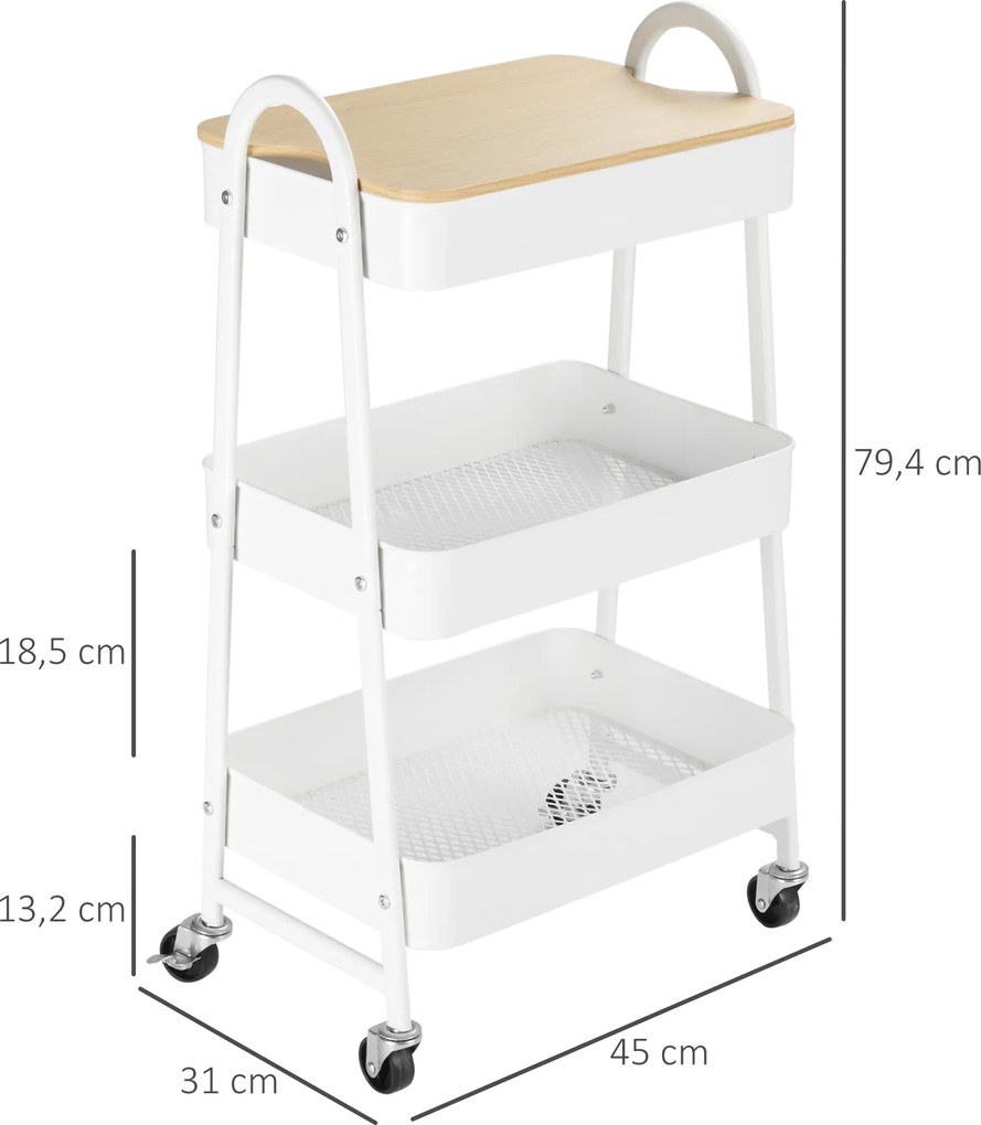 HOMCOM Carucior de depozitare din otel cu rotile cu 3 nivele, raft MDF, manere dim. 45L x 31l x 79.4H cm | Aosom Romania