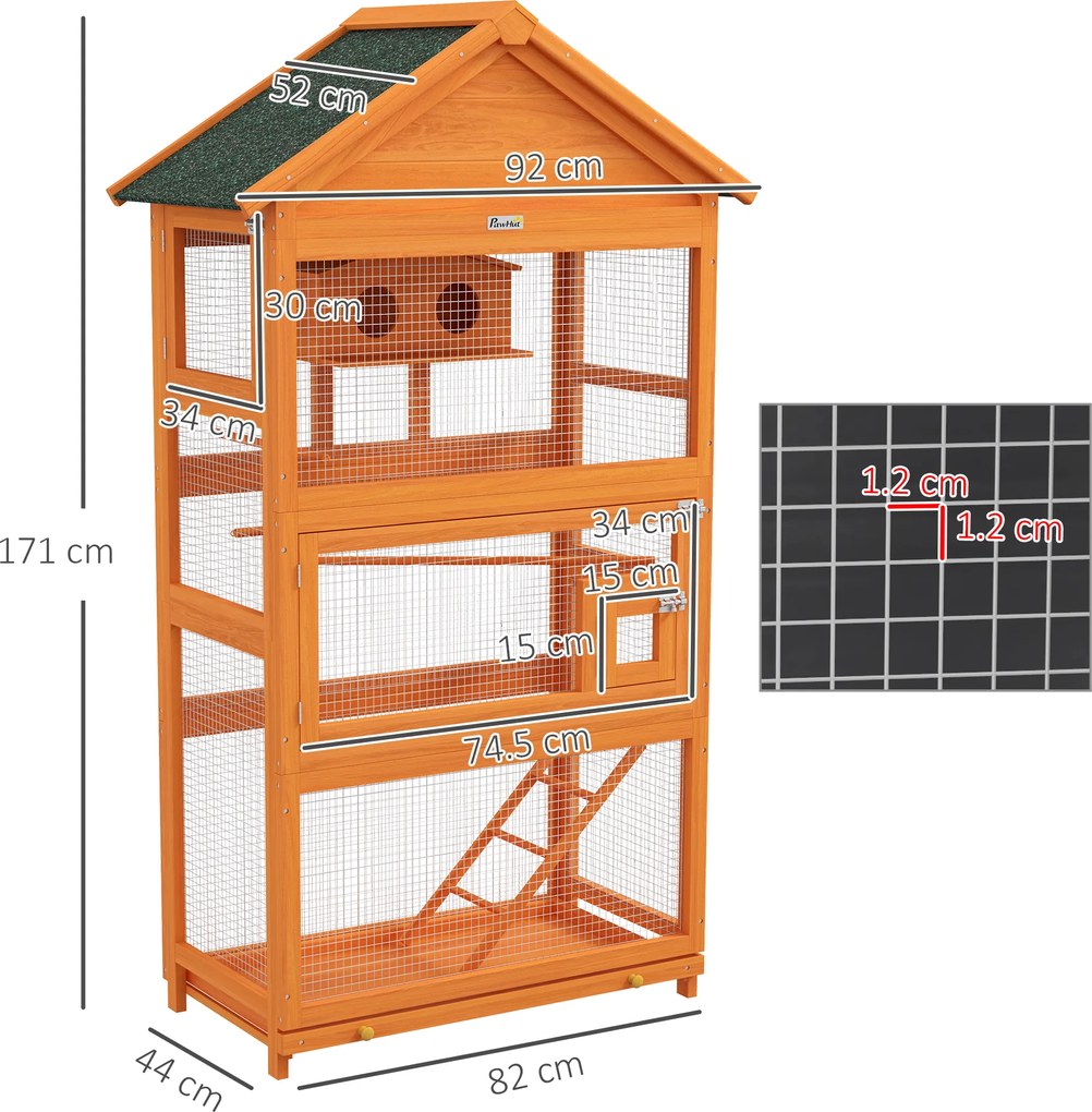 PawHut Volieră pentru Păsări cu 3 Uși, Cușcă, Scară și Tavă, din Lemn și Metal, 92x52x171 cm, Portocaliu și Negru | Aosom Romania