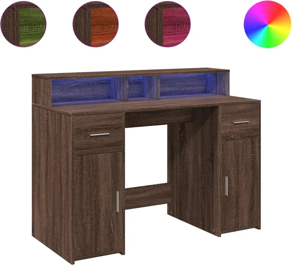 vidaXL Birou cu lumini LED, stejar maro, 120x55x91 cm, lemn prelucrat