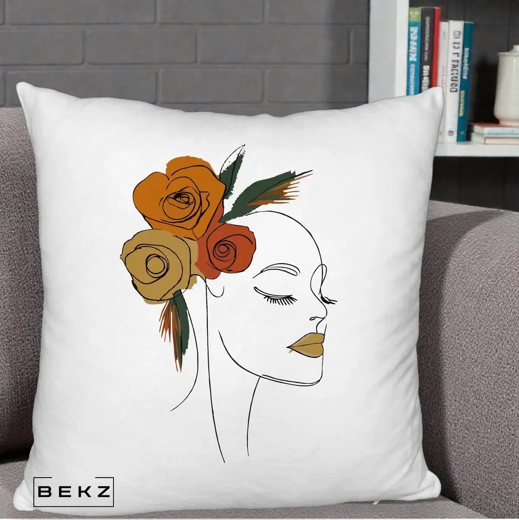 Perna Decorativa Portret Feminin Trandafiri Ruginii, 40x40 cm, Alb Pufos, Husa Detasabila, Perna Inclusa, BEKZ®