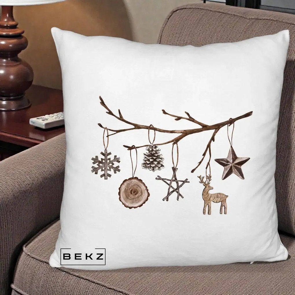 Perna Decorativa Ornamente de Lemn pe Ramura, 40x40 cm, Alb Pufos, Husa Detasabila, Perna Inclusa, BEKZ®