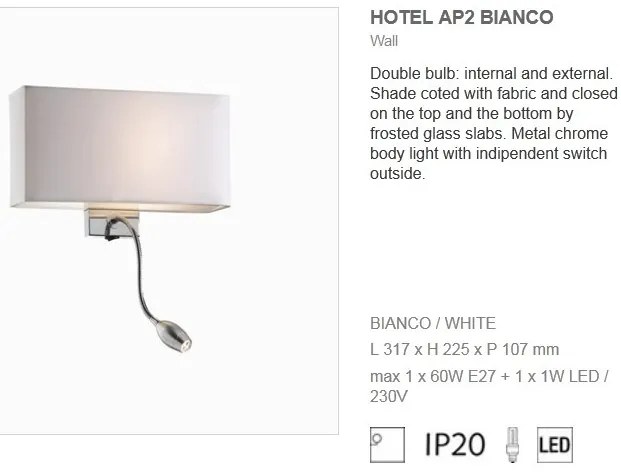 Aplica de perete cu cu reader LED HOTEL AP2 BIANCO 035949