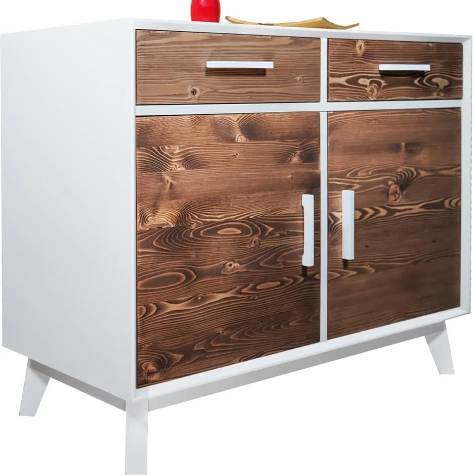 Bufet lemn masiv alb Timeless 2 Sertare 2 Uși, 98 × 45 × 85 cm
