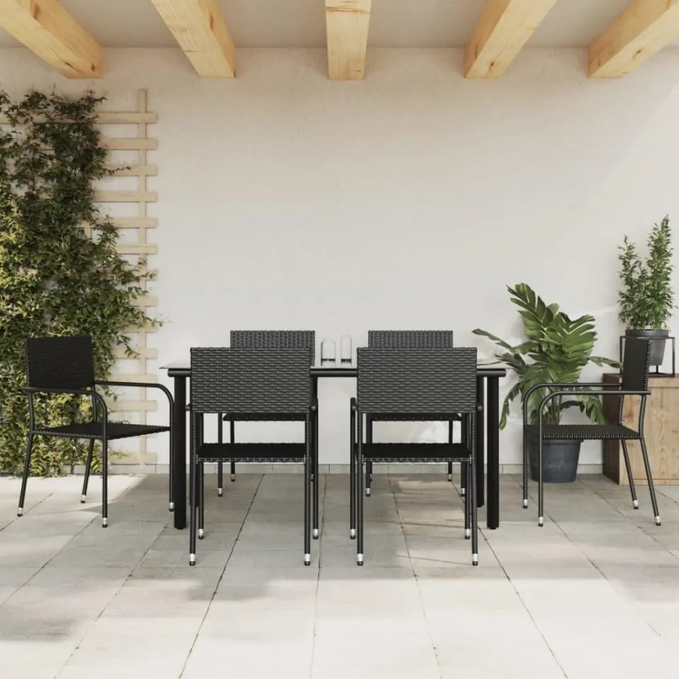 Set mobilier de grădină, 7 piese, negru, poliratan