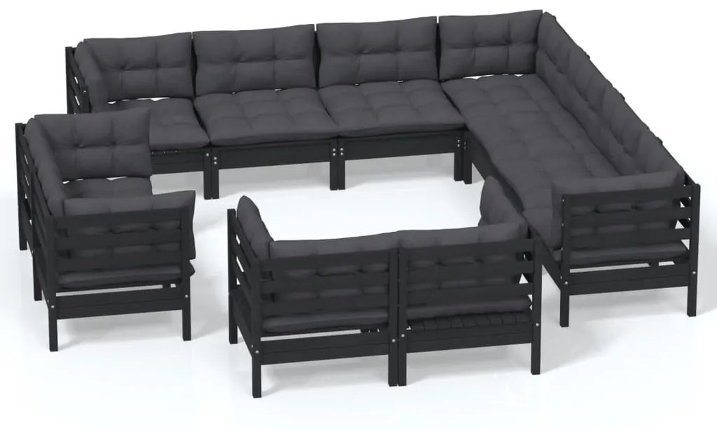 3096939 vidaXL Set mobilier grădină cu perne, 11 piese, negru, lemn masiv pin