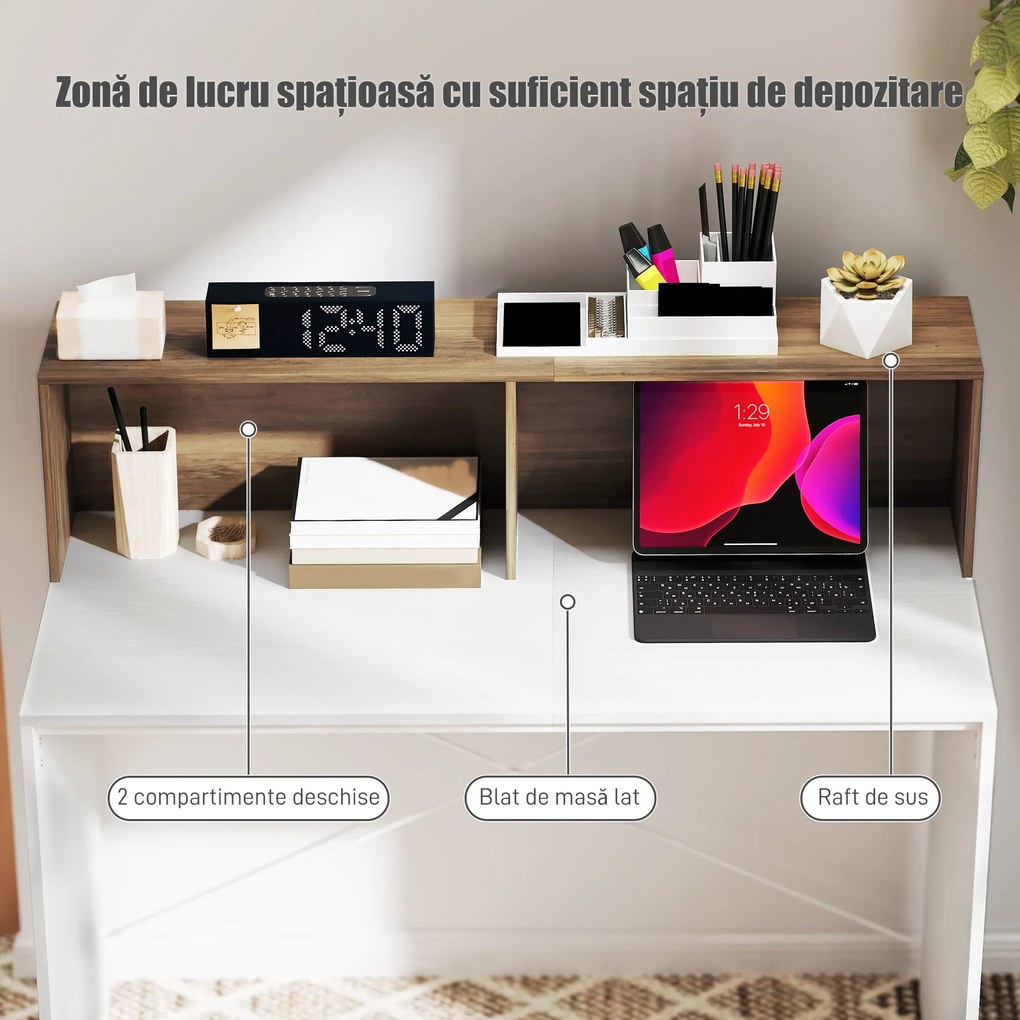 HOMCOM Birou PC pentru Studiu cu Blat Înălțat și 2 Rafturi, 110x50x102.6 cm, Alb și Maro Nuc | Aosom Romania